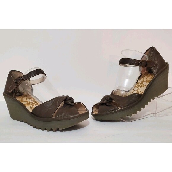 Fly London Yoel Olive Green Leather Lug Sole Peep Toe Wedge Shoes 8 - Picture 4 of 12